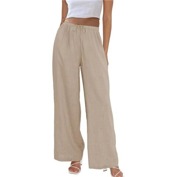 Womens Cotton Linen Palazzo Pants Wide Leg Drawstring Elastic Waist Pants - Picture 7 of 7